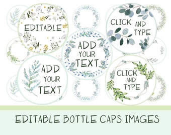 Editable Bottle Cap Collage Sheet  1" Digital Bottle Cap Images Digital collage sheet greenery botanical circles add text click and type