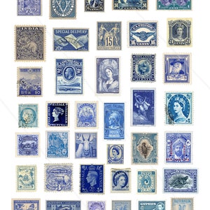 Sellos postales antiguos azules, sellos postales antiguos imprimibles, adornos efímeros, sellos falsos para diario basura, hoja de collage digital
