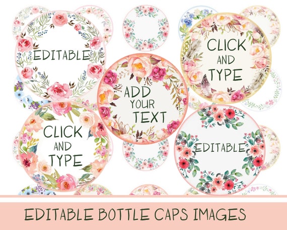 Editable Bottle Cap Collage Sheet 1 Digital Bottle Cap Images Digital collage sheet Boho circles add text click and type