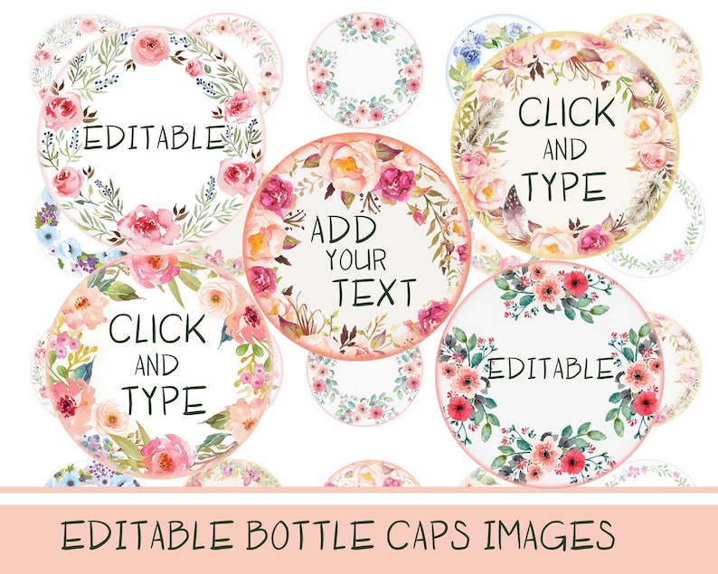 Editable Bottle Cap Collage Sheet  1 Digital Bottle Cap Images Digital collage sheet Boho circles add text click and type