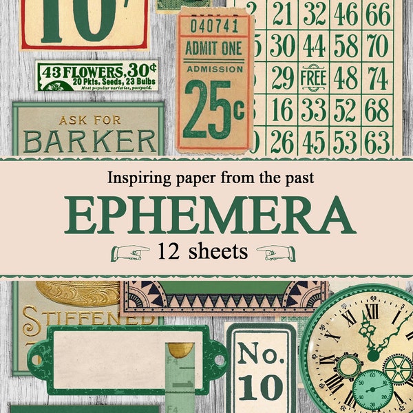 Green Ephemera Pack instant download, printable, digital collage, diary / junk journal, altered art, mixed media, clipart