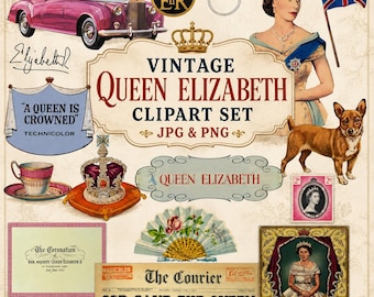 Vintage Queen Elizabeth II Clipart PNG JPG, Royal Family Ephemera, Coronation Clip Art, British Royal Junk Journal, Scrapbooking
