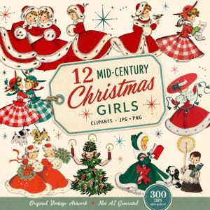 Vintage Christmas Girls 50's Fifties Clipart Clip Art Digital Collage Sheet Christmas Scrapbooking for Card Making Decoupage Paper PNG