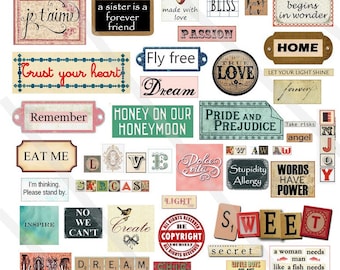 Digitales Collage-Blatt mit Wörtern, Sätzen, Retro-Zitaten und Vintage-Gegenständen zum Scrapbooking, für digitale Kunst, Junk Journaling und Journaling.