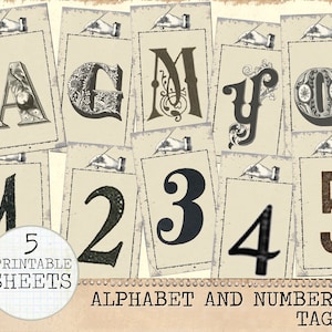 Alpha Tags, letters and Numbers Junk Journal, Industrial alphabet, Vintage Paper, Scrapbook, Printable collage sheet, digital Download