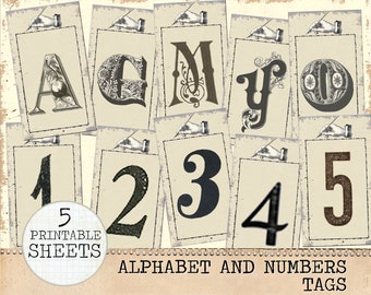 Etiquetas alfabéticas, letras y números para diario basura, alfabeto industrial, papel vintage, álbum de recortes, hoja de collage imprimible, descarga digital