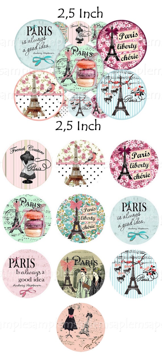 images digitales cabochon Paris vintage, Tour Eiffel, liberty pastel, collage digital, image numérique, images miroir de poche badge