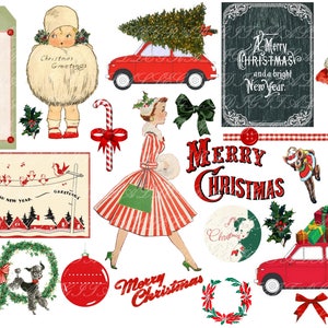 Images digitales Noël images Noël à imprimer scrapbooking création de carte postale carte invitation cadeau Noël vintage