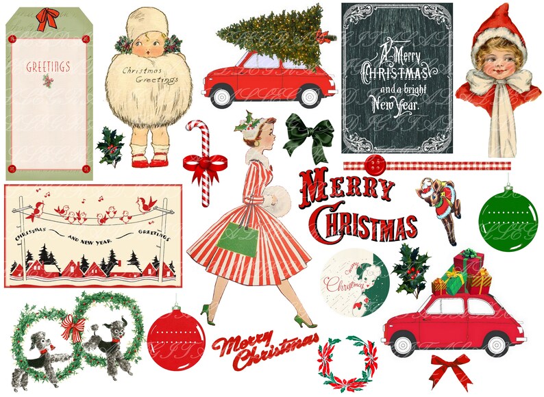 Collage Sheet Retro Christmas Clip Art cards gift tags atc Invitations Decoupage ornaments altered art vintage christmas image 1