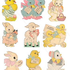 Retro Ostern Cliparts Vintage Ostern PNG Ephemera Ostern Druckbare Osterferien digitale Collage Blatt Retro Osterhase Küken Schaf