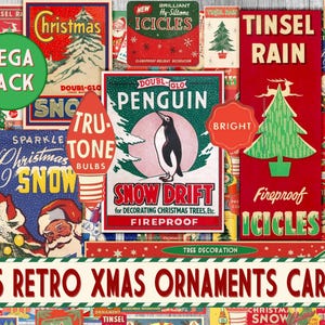 Retro Christmas Tree Ornaments shiny Brite Tags Labels Cards Printable Christmas vintage Pack embellishment journal digital collage sheet