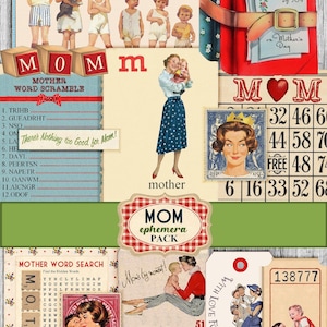 Retro Mom Ephemera Pack - Fifties Inspired Digital Collage Sheets, Bingo Cards, Faux Stamps, Vintage Tickets, Tags & More - Instant Download
