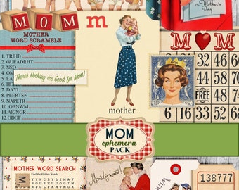 Retro-Mom-Ephemera-Paket, digitale Collage-Bögen im Stil der Fünfzigerjahre, Bingo-Karten, Stempel-Imitationen, Vintage-Tickets, Anhänger & mehr, Sofort-Download