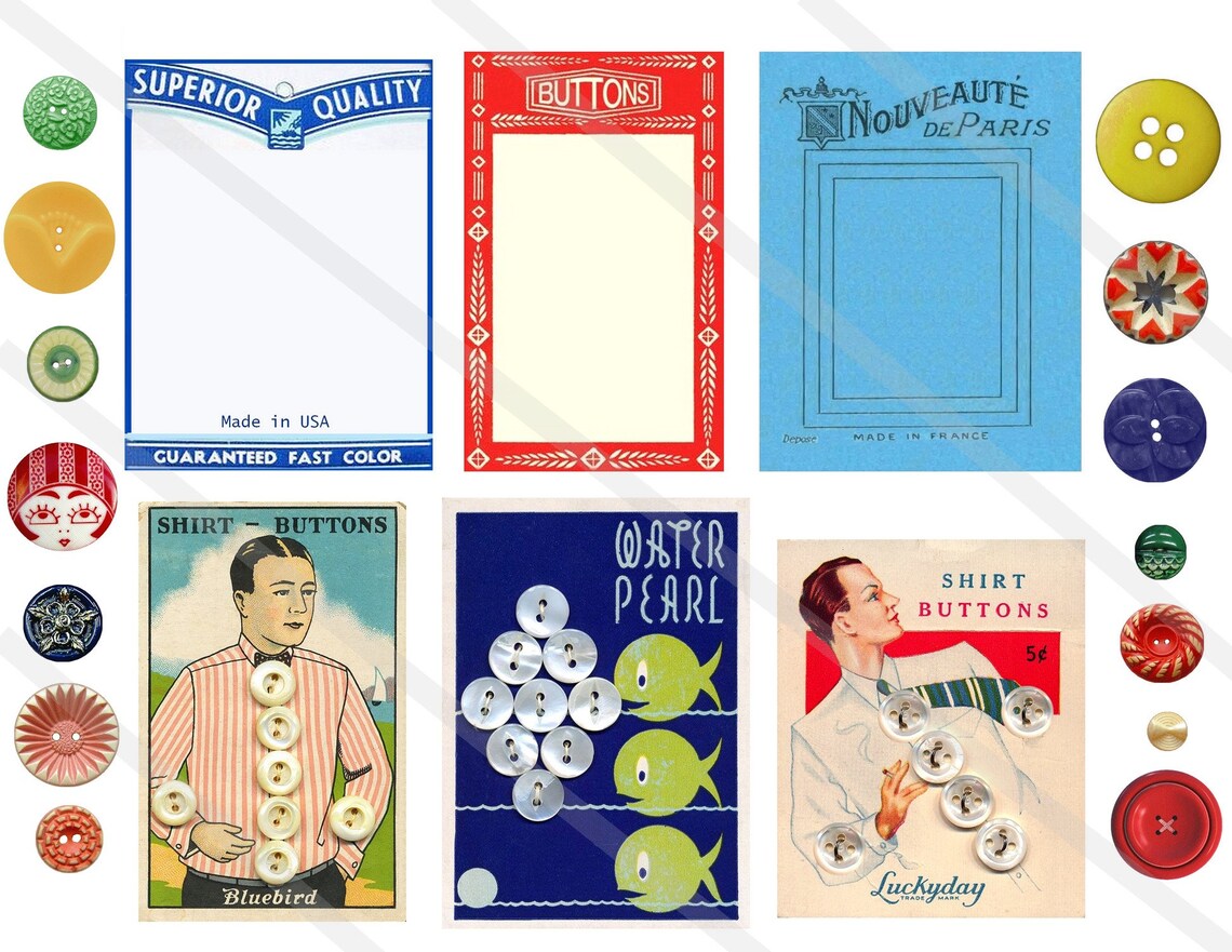 Printable Vintage Retro Buttons Cards Sewing Ephemera Junk | Etsy