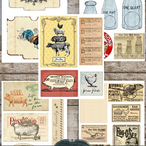 Op de afbeelding: Een digitale collage van vintage afbeeldingen met een boerenthema, waaronder een haan, een varken, een koe, een schaap, een melkfles en verschillende advertenties met betrekking tot de boerderij. De afbeeldingen zijn in een rustieke stijl en bevatten een verscheidenheid aan kleuren, waaronder rood, groen, blauw en geel.