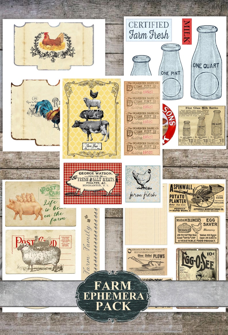 Op de afbeelding: Een digitale collage van vintage afbeeldingen met een boerenthema, waaronder een haan, een varken, een koe, een schaap, een melkfles en verschillende advertenties met betrekking tot de boerderij. De afbeeldingen zijn in een rustieke stijl en bevatten een verscheidenheid aan kleuren, waaronder rood, groen, blauw en geel.