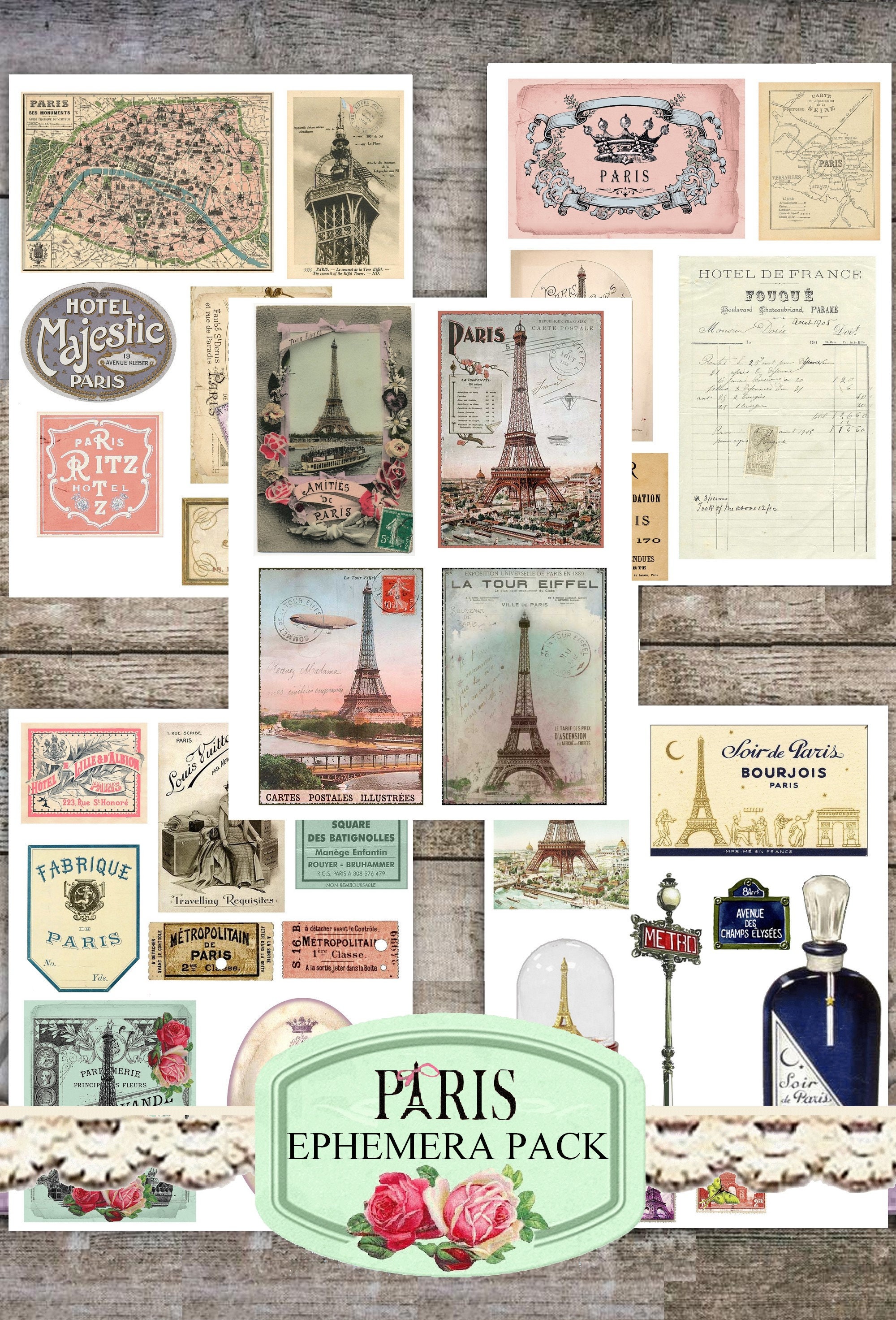 Junk Journal Ephemera, Paris French Ephemera Pack Eiffel Tower Ephemera ...