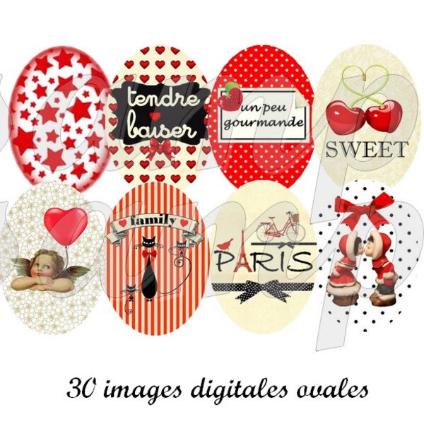 images digitales cabochon ovale "Florilège", rouge, Tour Eiffel Paris rétro collage digital, cabochon ovale, scrapbooking