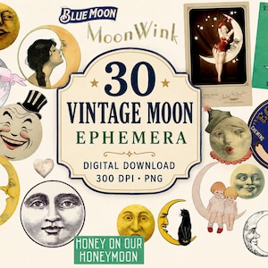 Vintage Moon Ephemera Clip Art, Printable Moon Collage Sheet, PNG & JPEG Files, Digital Download