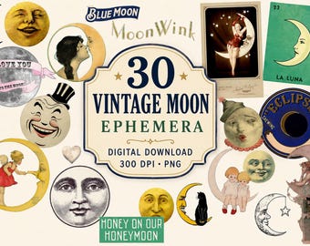 Vintage Moon Ephemera Clip Art, Printable Moon Collage Sheet, PNG & JPEG Files, Digital Download