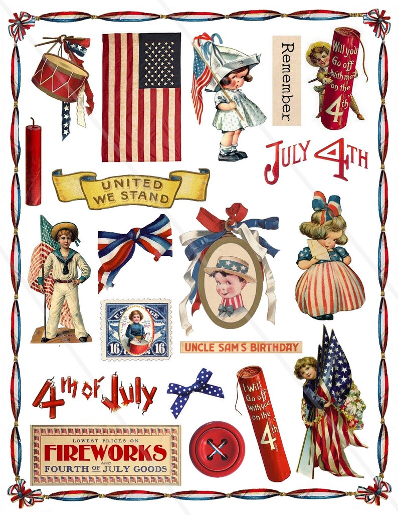 May include: A collection of vintage illustrations celebrating the 4th of July. The illustrations feature red, white, and blue colors, and include images of fireworks, flags, children, and a drum. The text "UNITED WE STAND" and "UNCLE SAM'S BIRTHDAY" are also included.