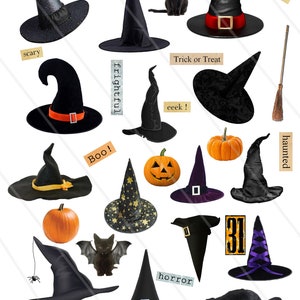Collage digital Halloween chapeau de sorcière, images digitales, clipart Halloween carte scrapbooking PNG JPEG junk journal journaling spot
