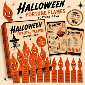 Peut inclure: Un jeu Halloween Fortune Flames comprenant une boîte, une carte d'instructions, une carte historique et 12 cartes en forme de flammes orange avec des visages et des prédictions. Le texte inclut Halloween Fortune Flames et 12 Fortune Flames.