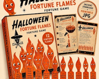 Vintage Halloween Fortune Flames Game, Printable Halloween Party Game, DIY Fortune Box, Retro Halloween Decorations, JPG Instant Download