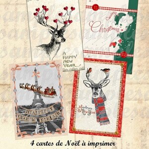 4 cartes à imprimer Noël, vintage, rétro, rennes, carte postale, carte de voeux
