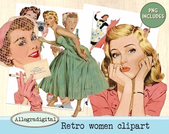Retro Ladies Housewife Clipart – Vintage Women Digital Collage Sheet for Scrapbooking & Card Making – Instant Download