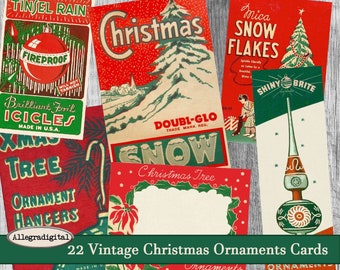 Retro Christmas Tree Ornaments shiny Brite Tags Labels Cards Printable Christmas vintage embellishment journal digital collage sheet