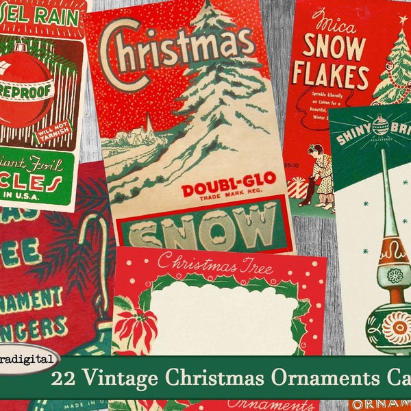 Retro Christmas Tree Ornaments shiny Brite Tags Labels Cards Printable Christmas vintage embellishment journal digital collage sheet