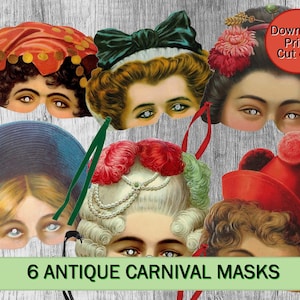 Victoriaanse halve maskerset, antieke carnavalsmaskers, Victoriaanse antieke papieren speelgoed, afdrukbare digitale maskers, carnavalsmasker feestbenodigdheden.