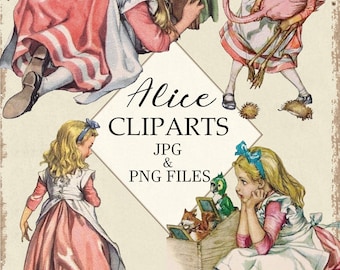 May include: Four vintage illustrations of Alice from Alice in Wonderland. The illustrations are in a cartoon style and feature Alice in various poses, including playing croquet with a flamingo, looking into a mirror, and sitting on a step. The illustrations are in a vintage style and have a faded, antique look.