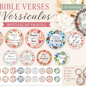 Peut inclure: Une collection numérique de 40 images circulaires pour capsules de bouteilles avec des versets bibliques en espagnol entourés de couronnes florales roses, bleues et vertes. L'ensemble comprend 8 designs uniques en 25 mm, 30 mm, 38 mm, 18 mm et 20 mm.
