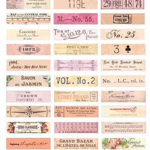 May include: A collection of vintage-style labels and tickets with various designs and text. The labels feature a variety of themes, including travel, nature, and entertainment. Some of the text includes "New York City", "Coney Island", "Grand Bazar", and "Dance de Luxe".