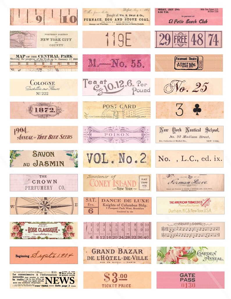 May include: A collection of vintage-style labels and tickets with various designs and text. The labels feature a variety of themes, including travel, nature, and entertainment. Some of the text includes "New York City", "Coney Island", "Grand Bazar", and "Dance de Luxe".