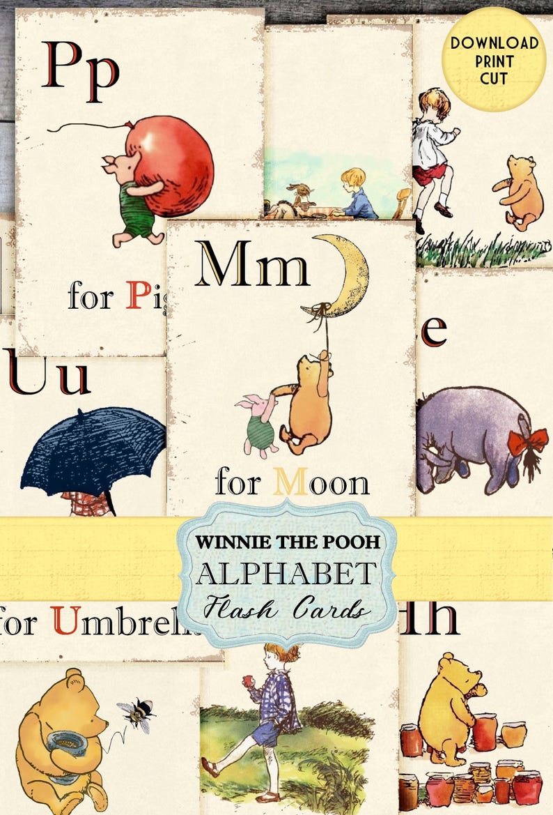 Op de afbeelding: Winnie de Poeh alfabet flitskaarten met illustraties van Winnie de Poeh en zijn vrienden. De kaarten bevatten de letters P, M, U, E en H. De kaarten zijn ontworpen om kinderen te helpen het alfabet te leren.