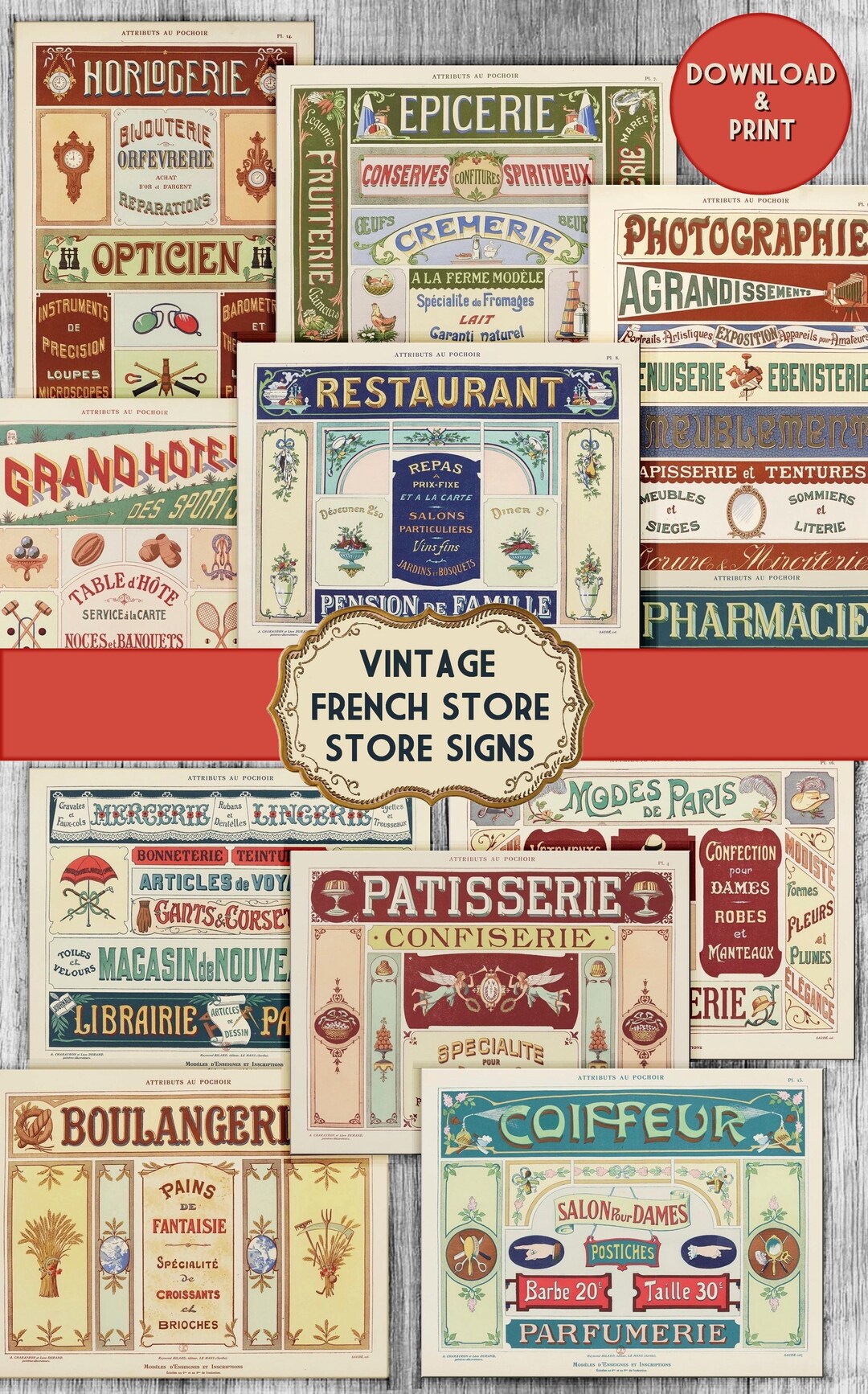 Vintage French Ephemera, Retro Store Signs Ephemera, Printable Antique ...
