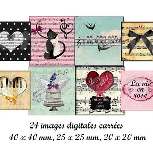 May include: A set of 24 digital square images featuring musical notes, hearts, birds, and other romantic designs. The images are available in three sizes: 40 x 40 mm, 25 x 25 mm, and 20 x 20 mm.