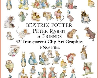 32 Peter Rabbit and Friends Clip Art Transparent PNG Files Instant Download, Beatrix Potter Transparent Art Images Digital collage sheet