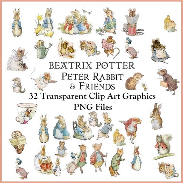 32 Peter Rabbit and Friends Clip Art Transparent PNG Files Instant Download, Beatrix Potter Transparent Art Images Digital collage sheet