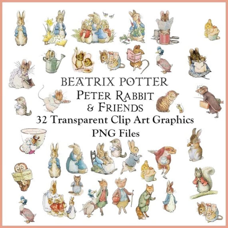 May include: A set of 32 digital clip art graphics featuring Beatrix Potter's Peter Rabbit and his friends. The illustrations are in a vintage style and include characters like Peter Rabbit, Benjamin Bunny, Mrs. Tiggy-Winkle, and Jemima Puddle-Duck.