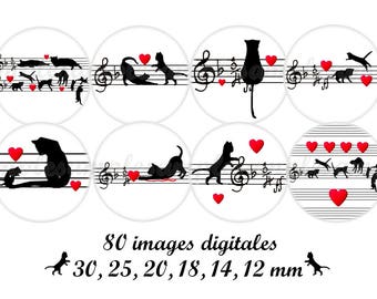 Digital collage sheet circles cat black cat music- 1 inch circle images for pendant, digital bottle cap cat kitten digital rounds cat