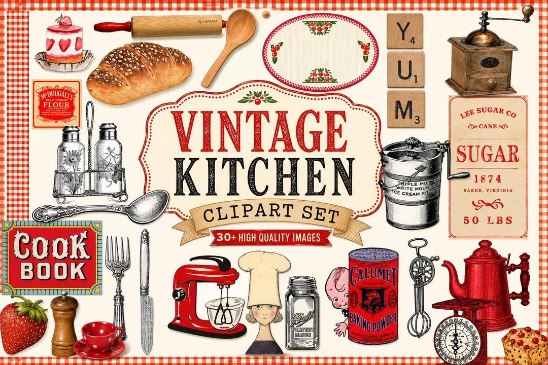 Retro Cooking Clip Art Vintage Kitchenware Clipart Digital Collage Sheet Cooking Junk Journal Journaling Recipe Journal