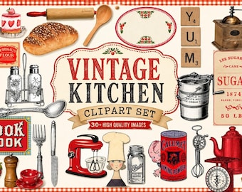 May include: A digital collection of vintage kitchen-themed illustrations featuring a red stand mixer, a wooden rolling pin, a loaf of bread, a strawberry, a red teapot, a Calumet baking powder can, a chef hat, and text reading VINTAGE KITCHEN CLIPART SET.