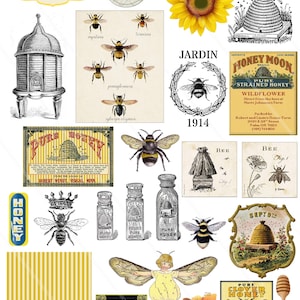Vintage Bee Digital Collage Sheets Bee honey beekeeping Vintage clip art and ephemera printable Png INSTANT Download journaling scrap