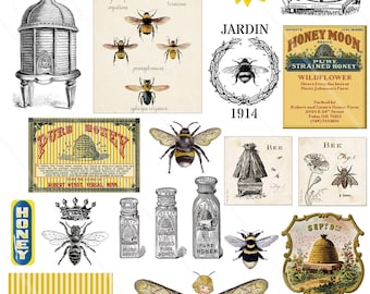 Vintage Bee Digital Collage Sheets Bee honey beekeeping Vintage clip art and ephemera printable Png INSTANT Download journaling scrap