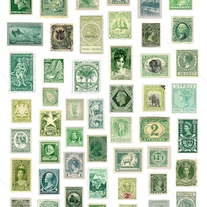 Sellos postales VERDES vintage, sellos postales antiguos imprimibles Embellecimiento de efímera verde, sellos falsos para Junk Journal, hoja de collage digital