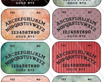 May include: Six vintage-style Ouija boards with a black and white design. Each board has the letters A-Z, numbers 0-9, and the words "YES", "NO", and "GOOD BYE".